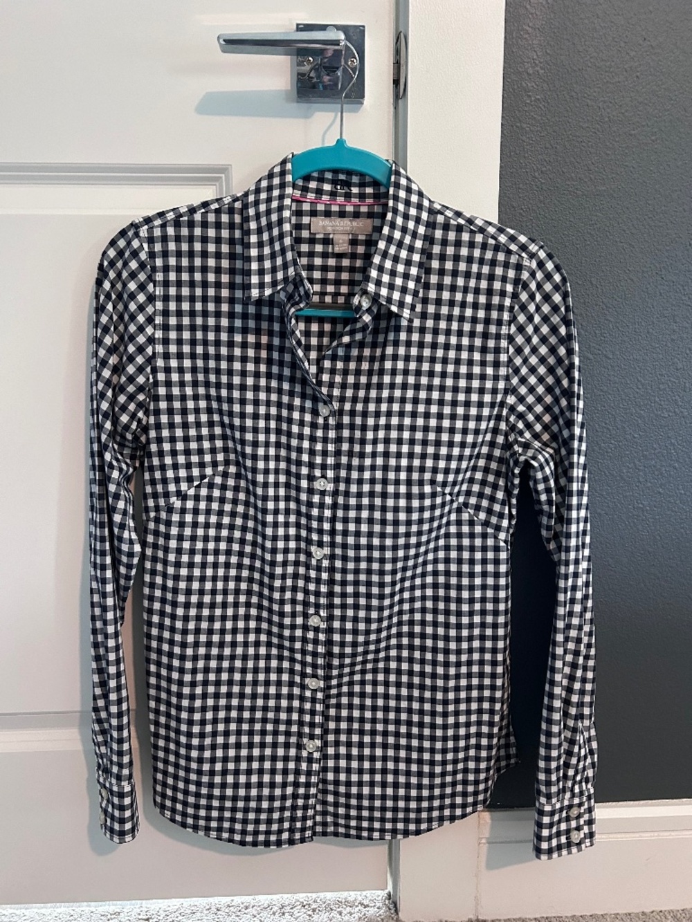 Banana Republic Non-Iron Fitted Gingham Button Down Shirt Navy & White, Sz 6